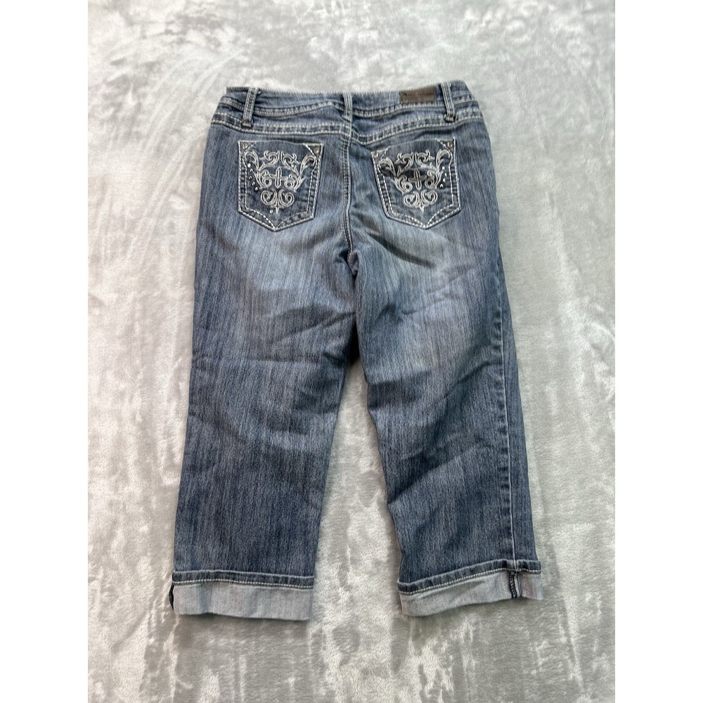 Earl Jeans Women Sz 6 Blue Capri Cuffed Whiskered Jeweled Embroidered Faded Crop
